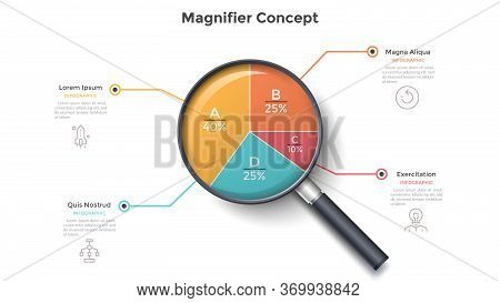 Magnifying Glass With Round Pie Chart Divided Into 4 Colorful Sectors. Concept Of Four Parts Of Busi