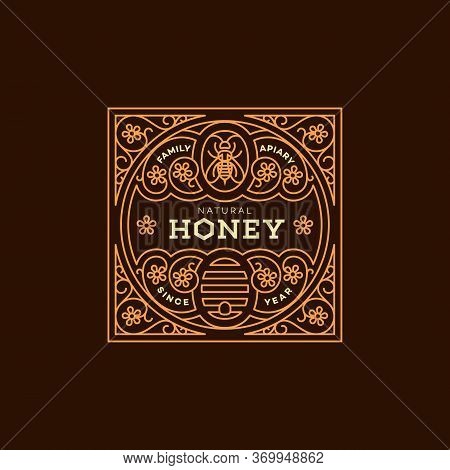 Label Design Tamplate In Trendy Linear Style For Honey Packaging Witn Floral Ornament, Bee And Beehi