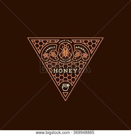 Label Design Tamplate In Trendy Linear Style For Honey Packaging Witn Floral Ornament And Bee. Vecto