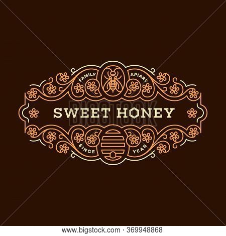 Label Design Tamplate In Trendy Linear Style For Honey Packaging Witn Floral Ornament, Bee And Beehi