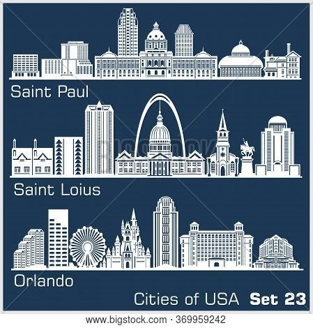 Cities Of Usa - Saint Paul, Saint Loius, Orlando. Detailed Architecture. Trendy Vector Illustration.