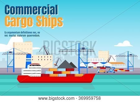 Commercial Cargo Ships Banner Flat Vector Template. Maritime Transportation Horizontal Poster Word C