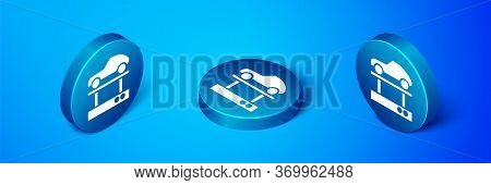 Isometric Repair Car On A Lift Icon Isolated On Blue Background. Repair Of The Underbody, Suspension
