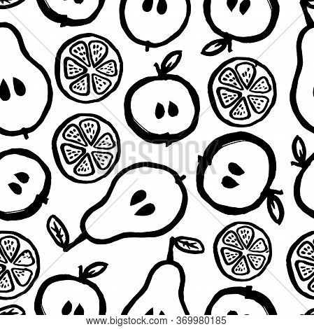 Black And White Seamless Pattern Of Fruit Drawn In Ink