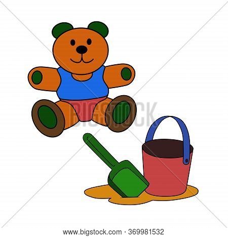 A Set Of Children's Toys. Teddy Bear, Shovel With A Bucket And Sand. Vector Illustration