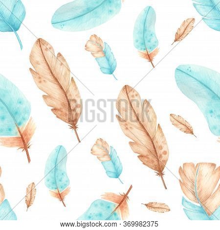 Watercolor Seamless Pattern With Feathers.hand Drawn Turquoise And Light Brown Feathers Sketches. Is