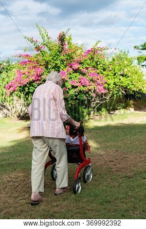 Elderly Lady Wearing Mask Getting Exercise Going For A Walk In The Garden