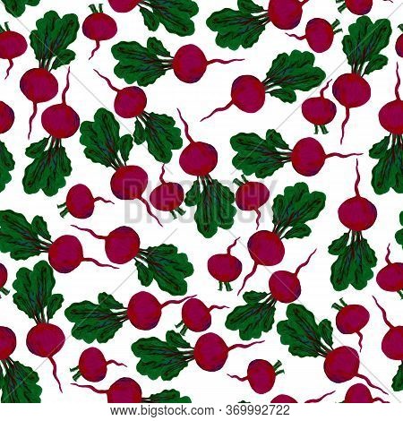 Vegetable Seamless Pattern, Gouache Purple Beet With Leaves And Red Beets Without Leaf For Desingn A