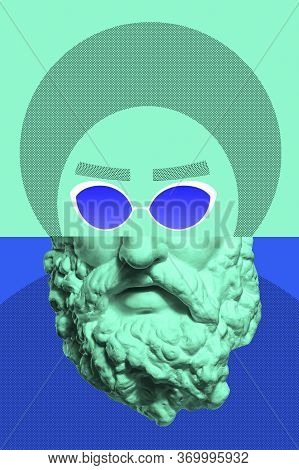 Collage With Plaster Antique Sculpture Of Human Face In A Pop Art Style. Creative Concept Colorful N