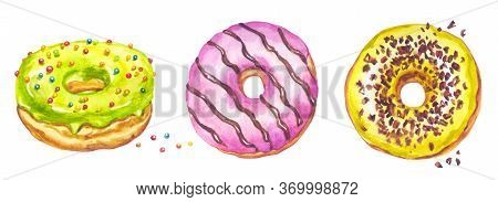 Set Of Multicolored Donuts With Icing, Watercolor Drawing On A White Background Isolated. Print With