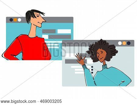 Two Young People In Front Of A Computer Screen. Flat Style, Isolated Vector Element