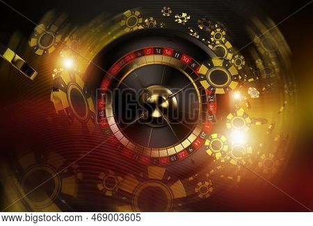 Dark Golden Casino Roulette Wheel Spin And Blowing Tokens Concept 3d Illustration
