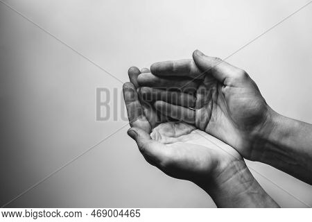 Sign Need Help. Alms Symbol. Dirty Caucasian Hands Isolated On A White Background. Poor Life. Art. C