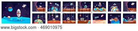 Space Planet Landscape Set, Cosmic Game Background With Spaceship, Alien Fantasy Asteroid Surface. F
