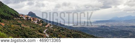 Small Touristic Town, Baunei, In The Mountains Of Sardinia, Italy. Cloudy Rainy Day. Fall Season. Pa