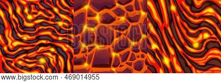 Textures Of Lava, Magma And Stones. Seamless Patterns Of Volcano Rock Surface With Cracks And Flows 