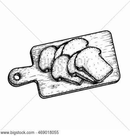 Sliced Bread On The Cutting Wooden Board. Hand Drawn Sketch Style. Top View. Fresh Bakery Product. V
