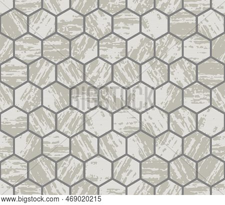 Marble Beige Ceramics Flooring. Cobblestone Road With Mosaic Hexagon Blocks. Stone Grunge Strokes Ti