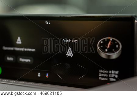 Moscow, Russia - December 04, 2021 Android Auto On The Screen. Homescreen. Modern Car. Interior Clos