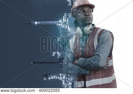 Double Exposure Of Portrait Engineering Male African American Workers And Oil Industrial. Engineerin