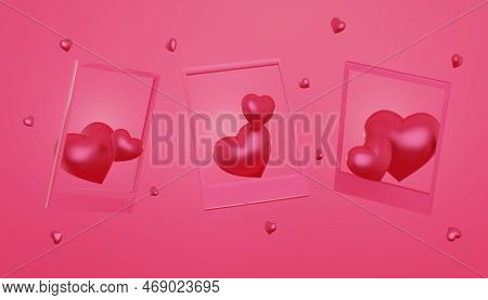Magenta Hearts Different Size In Frames On Pink Background. 3d Rendering. Valentines, Love And Weddi