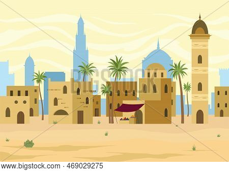 Middle East. Arabic Desert Landscape With Traditional Mud Brick Houses. Ancient Building On Backgrou