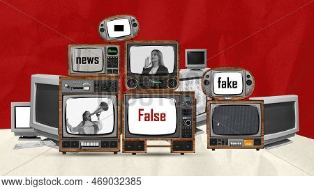 Contemporary Art Collage. Conceptual Design. Set Of Retro Tv And Computer Screens Showing Fake News,