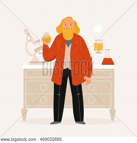 Great Russian Scientist Dmitri Mendeleev In His Laboratory Flat Vector Illustration