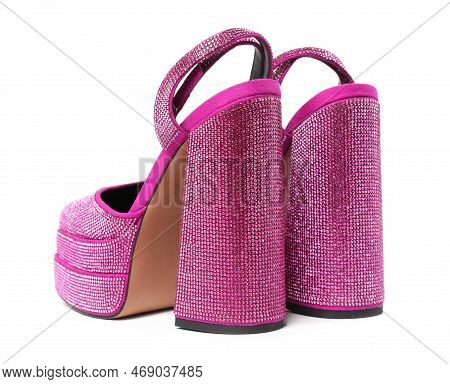 Fashionable Punk Square Toe Ankle Strap Pumps Isolated On White. Shiny Party Platform High Heeled Sh