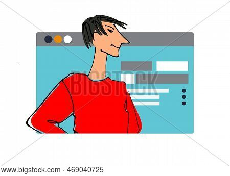 Young Man In Front Of A Computer Screen. Flat Style, Isolated Vector Element
