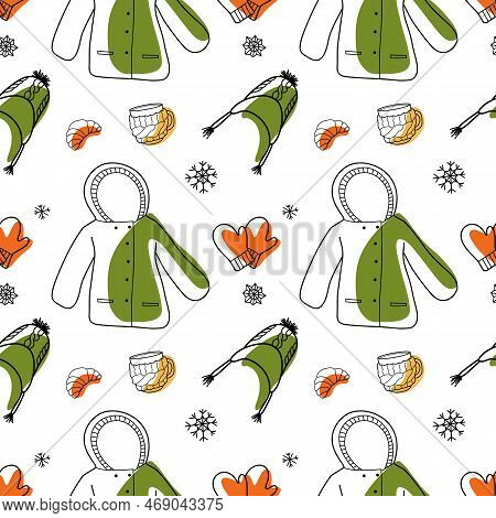 Vector Contur And Color Spot Seamless Pattern Of Winter Clothes