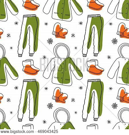 Vector Contur And Color Spot Seamless Pattern Of Winter Clothes