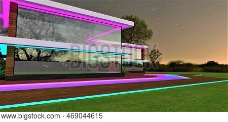 Concept Of The Contemporary Dwelling Night Illumination. Amazing Glowing Pool On The Territory Of Th