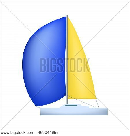 Sailing Boat Floating On Water Surface. Sea Yacht With Blue And Yellow Sails Isolated On White Backg