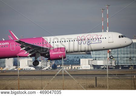 Otopeni, Romania - January 17, 2023: Wizzair Airline Plane Landing At The Henri Coanda International