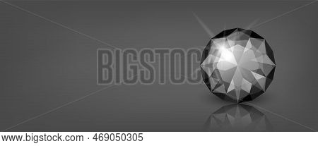 Vector Horizontal Banner With 3d Realistic Black Transparent Round Glowing Gemstone, Diamond, Crysta