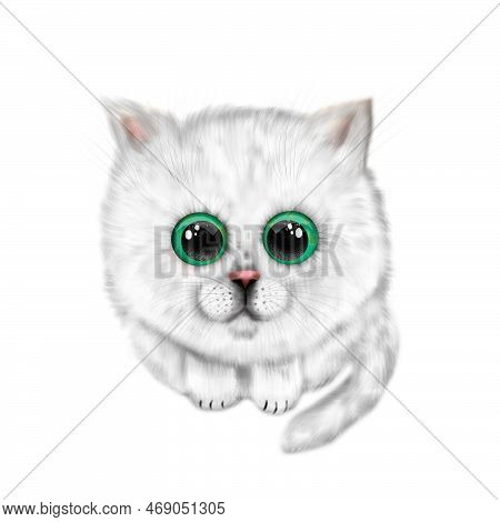 Cute White Fluffy Kitten With Emerald Eyes. Procreate Illustration. Cute White Cat.
