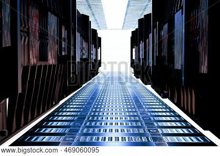 Data Processing Center, Rows Of Conditioned Servers. Technology And Big Data. 3d Rendering.