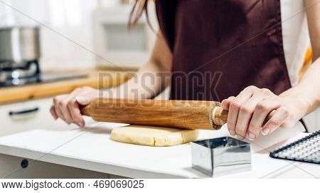Portrait Of Professional Woman Chef Having Fun Cooking With Dough For Homemade Bake Cookie And Cake 