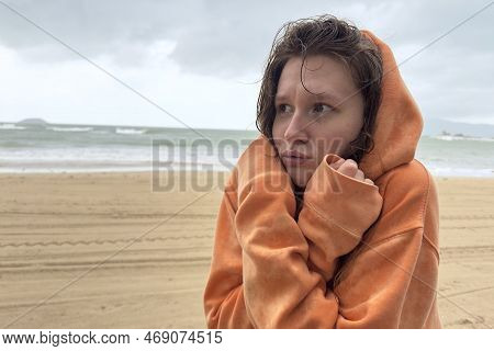 Portrait Of Unhappy Depressed Frozen Trembling Girl, Young Shivering From Cold Sad Upset Woman On Th
