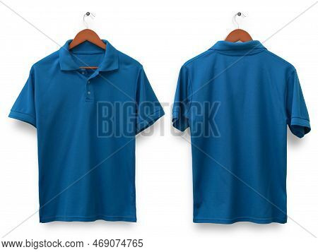 Blank Collared Shirt Mock Up Template, Front And Back View, Isolated On White, Plain Blue T-shirt Mo