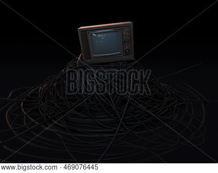 A Vintage 80's Television Perched On A Jumbled Pile Of Black Cables On A Dark Omnious Background - 3