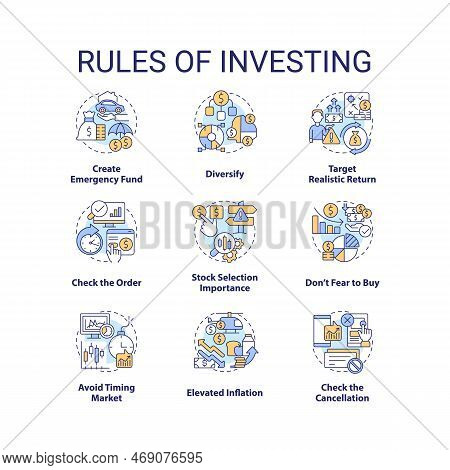 Rules Of Investing Concept Icons Set. Money Management. Financial Processes Idea Thin Line Color Ill