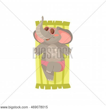 Elephant Cartoon Character Sunbathing Vector Illustration. Summer Resort, Funny Comic Wild Animal Re