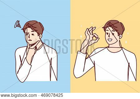 Entangled In Threads Of Man Puzzled Touches Chin Then Smiles And Shows Ok Gesture. Concept Of Positi