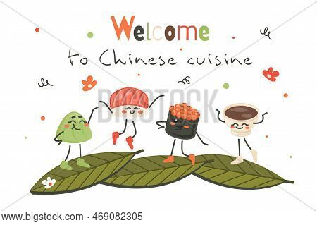 Cute Cartoon Characters Invite Into Chinese Cuisine. Japanese Nigiri Sushi Roll, Sashimi, Vassabi, S