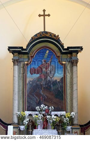 Durdic, Croatia - May 08, 2012: Saint George Slays The Dragon, Main Altar In The Parish Church Of Sa