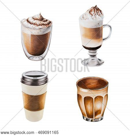 Watercolor Set Of Coffee In Porcelain Cups. Hand Painting Espresso, Americano, Latte, Raff, Take Awa