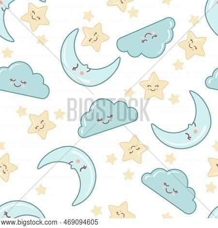 Cute Seamless Pattern Of Sky With Kawaii Faces Isolated On White. Background With Cloud, Moon And St