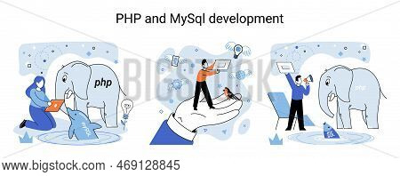 Php And Mysql Development Metaphor. Software Website Developer With Computer, Programmer Service, Op